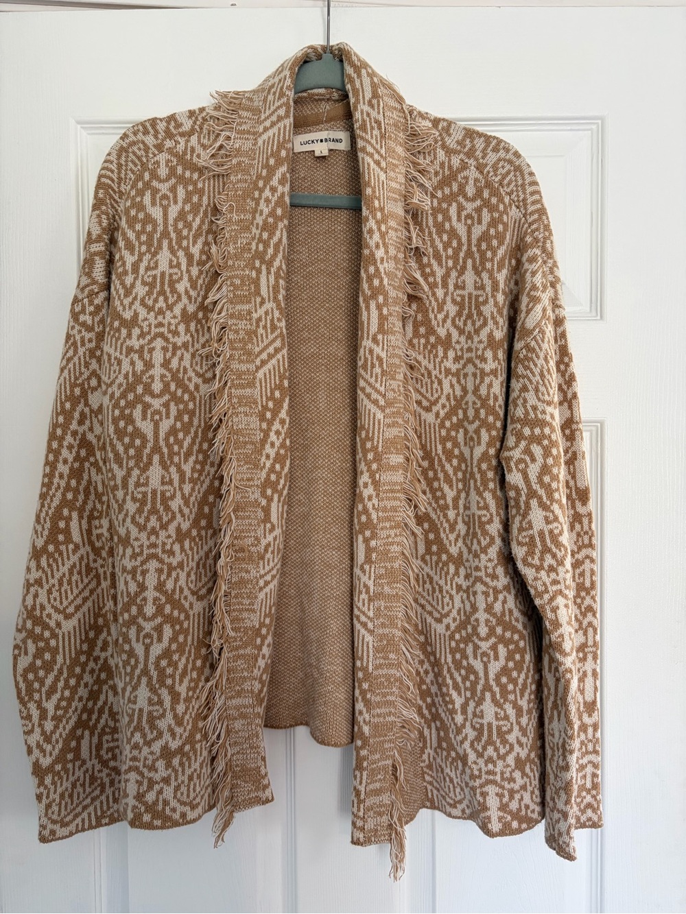 Lucky Brand Cream and Tan Fringe Open-Front Sweater